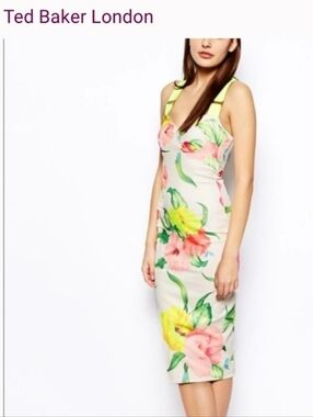 Ted Baker London Cream Midi Dress with Pink & Yellow Floral Print Size 1